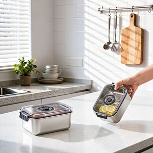 Contenitore <span class=keywords><strong>Sottovuoto</strong></span> in Acciaio Inossidabile con Valvola d'Aria, Coperchio Ermetico, Grande Capacità, Organizzatore per Dispensa, Contenitore per Pane - Product Image 2