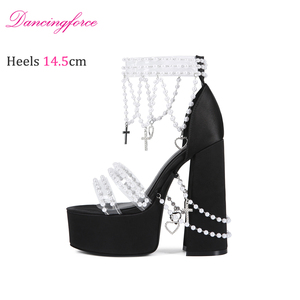 Europäische und Amerikanische Sexy Y2K Mädchen 14,5cm Absatz Lolita-Stil Perlenverzierte Blockabsatz-Sandalen für Damen - Product Image 2
