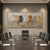 Grande Peinture Panoramique en Bas-Relief Sept Chevaux Or Noir Argent Faite à la Main pour Mur Principal de Hall d'Hôtel Cinq Étoiles Personnalisé