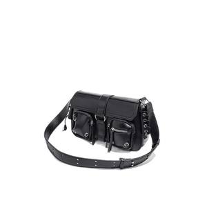 High Quality Fashion <b>Black</b> Motorcycle Crossbody Shoulder <b>Bag</b> Women Single <b>Strap</b> Zippered Multi-Flap Pockets Waterproof PU - Product Image 5