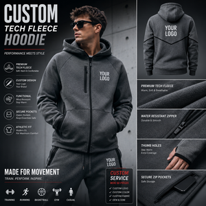 Sudadera con capucha de tejido técnico personalizado para hombre, chaqueta de rendimiento con cremallera, orificios para los pulgares, bolsillos con cremallera, ajuste atlético, para correr, gimnasio, ropa deportiva. - Product Image 1