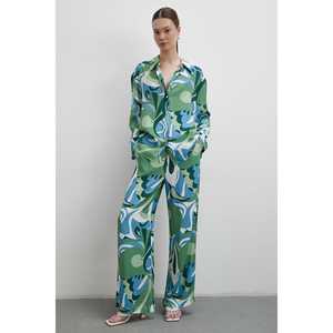 กางเกงขายาวลายสีเขียว ผ้าซาติน เอวกลาง ระบายอากาศได้ดี สำหรับผู้หญิง - Product Image 4