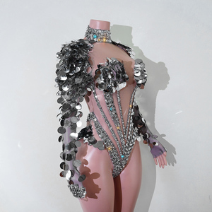 Body de luxe en cristal Chevron à sequins, avec coupe éclatante, col choker <span class=keywords><strong>marquise</strong></span>, dos en V profond et maille transparente, pour costume de scène de danse de salon - Product Image 3