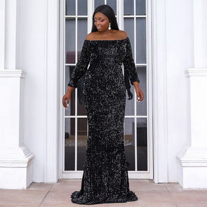 Productos populares al por mayor <span class=keywords><strong>Tallas</strong></span> <span class=keywords><strong>grandes</strong></span> Vestido de noche pequeño con hombros descubiertos para <span class=keywords><strong>mujer</strong></span> con lentejuelas Vestido de talla grande - Product Image 2