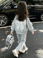Ensemble de survêtement pour filles, ensemble deux pièces pour enfants, veste zippée et pantalon de jogging, nœud en dentelle, vêtements pour enfants, tout-petits de 2 à 7 ans, vente en gros