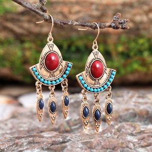 Geometric <b>Drop</b> Earrings Women Alloy Antique <b>Bronze</b> Plated Turquoise Red Stone Bohemia Style Fashion Jewelry - Product Image 1