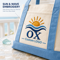 Sac fourre-tout en toile personnalisé brodé motif vague solaire, bleu ciel, avec poche avant, idéal pour la plage, les vacances et les voyages