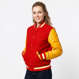 Red Varsity Jacket Cow Skin Sleeves Turn-down Collar Button Front Preppy Style Regular Fit Winter Outerwear <b>Wool</b> Body Breathable - Product Image 1