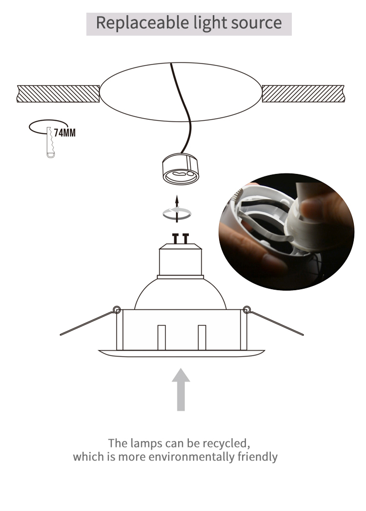 Die Cast Aluminum Recessed Downlights 74mm Cutting AC 220-240 Volt