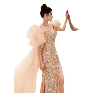 ชุดราตรีหรูหราดีไซน์ใหม่ประดับเลื่อมหางปลาสีแชมเปญทอง - Product Image 1