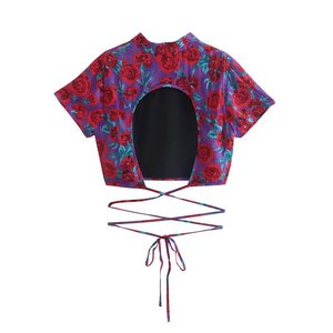 R20711S yaz kadın t-shirt yeni moda gül çiçek baskı kısa dantel-up bluz - Product Image 2