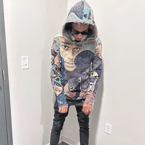 Custom High Quality All Over Print Cozy Tapestry Sweater Men Jacquard Knit Hoodies Jacket Tapestry Hoddie For Men