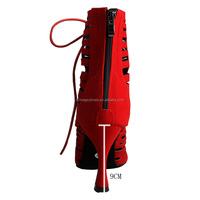 Nuevas llegadas personalizadas Zapatos de tacón alto de terciopelo rojo Latin Salsa Bachata Clases de tacón Zapatos con cordones Botas de baile de 9CM