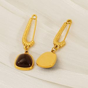 Zogxin Brown Natural Stone Clip-on Earrings Gold Geometric Bezel Setting Party Jewelry - Product Image 3