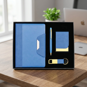 Ensemble cadeau d'affaires en cuir PU bleu, carnet, stylo métallique, porte-cartes, porte-clés - Product Image 1