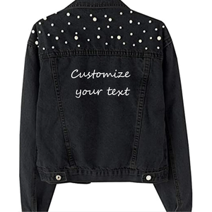 Custom Text Embroidery Logo Plus Size <b>Women</b> Pearl Denim <b>Jacket</b> Long Sleeve Beads <b>Women</b> Denim <b>Jacket</b> <b>Spring</b> and Autumn Coat - Product Image 1