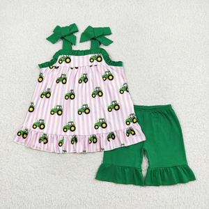 Conjuntos de ropa a juego para hermanos con estampado de tractor verde, camiseta con bolsillo y pantalones cortos para niños - Product Image 2