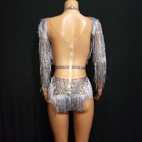 Tenues de Pole Dance à Manches Longues avec Franges, Pierres et Cristaux – Combinaison Courte Moulante pour Femme