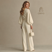 Ensemble 2 pièces en tricot pour femme avec logo personnalisé, haut à manches bouffantes et pantalon large taille haute, tenue de bureau élégante pour femmes, ensemble assorti