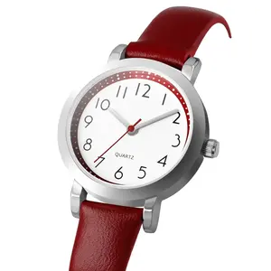 2024 Honsise Customized Red Quartz Watch for Women Luxury Leather Strap Waterproof with round Case and Buckle Clasp