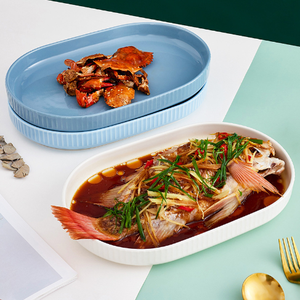 Nordic Embossed Striped Ceramic 7inch 8inch Bowl Fish Plate Color Glazed Porcelain Bowls - Product Image 3