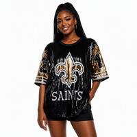 Gaun Pesta Jersey Payet Hitam dan Emas untuk Wanita Ukuran Plus New Orleans Saints, Gaun Kaos Payet Wanita