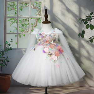 Abiti da Principessa per Bambine con Ricamo Floreale Bianco, Vestiti da Cerimonia per Feste di <span class=keywords><strong>Compleanno</strong></span> e Matrimoni - Product Image 1