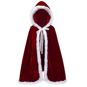 Cape de Père Noël en velours rouge à capuche avec bordure en fourrure blanche, style long, veste d'hiver pour femme adulte, rembourrée en polyester - Product Image 5