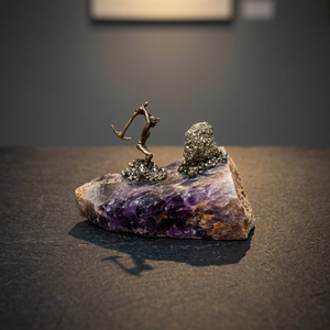 El adorno decorativo parece ser una figurita de minero de cristal de fluorita con una pequeña estatua de minero de metal que sostiene cestas. - Product Image 3