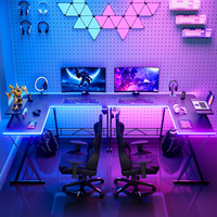 Bureau de jeu en forme de L, poste de travail informatique en bois, table PC avec éclairage LED, support pour moniteur, crochet pour casque, bureau à domicile