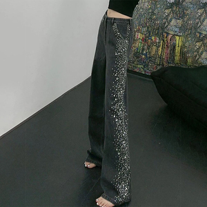 DiZNEW Casual Mid-Waist Elastic <strong>Skinny</strong> <strong>Jeans</strong> Brick Inlays Plus Size Slim Fit <strong>Jeans</strong> <strong>Drip</strong> Hole Lace Button Tassel Bow - Product Image 2