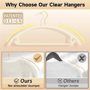 Perchas de Plástico Premium Transparentes, Resistentes, Ecológicas y Ligeras con Ganchos Dorados, Sin Presión en los Hombros, Ahorro de Espacio para Armario - Product Image 3