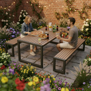 Ensemble de <span class=keywords><strong>table</strong></span> et de chaises de jardin modernes pour l'extérieur, résistant aux intempéries, en fer et en bois, pour une utilisation dans les parcs et les cours - Product Image 2