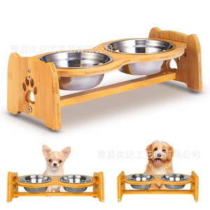 Soporte de alimentación de madera con doble tazón y altura ajustable para gatos y perros, soporte para comida de mascotas - Product Image 1