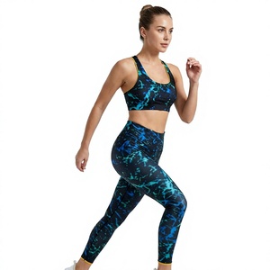 Conjunto de yoga de 2 piezas para mujer: Sujetador deportivo tipo racerback y leggings de cintura alta con estampado y ribete en contraste, traje de fitness a juego. - Product Image 1
