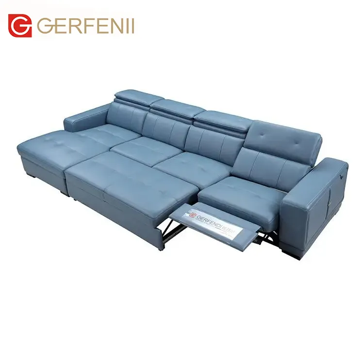 Modern L Shape Leather Sectional Sofa Functional Living Room blue recliner leather Sofa Cum Bed Recliner Corner Sofa