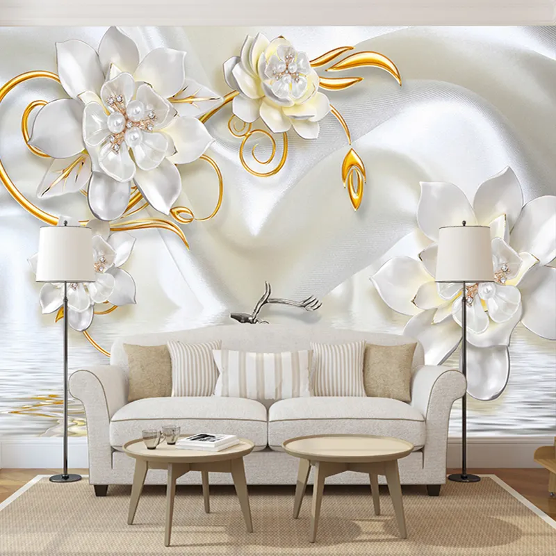 Personnalisé 3D Peintures Murales Papier Peint De Luxe 3D Relief Cerf Blanc Soie Perle Bijoux Fleur Grand Mur Peinture Salon Chambre