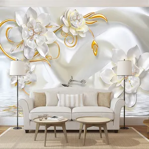 Kustom 3D Dinding Mural Wallpaper Mewah 3D Bantuan Rusa Putih Sutra Perhiasan Mutiara Bunga Besar Lukisan Dinding Ruang Tamu Kamar Tidur