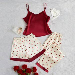 Wholesale Romantic Heart Print Women's Three-Piece Pajama Set <strong>Red</strong> Satin Smooth Loungewear for Summer Spring and Fall - Product Image 1