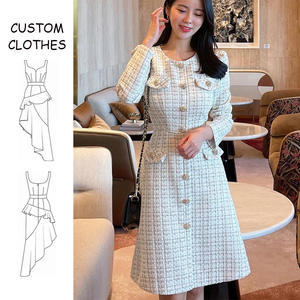 Personnalisé Automne Hiver Décontracté Vintage Couleur Unie Col Ras Du Cou A-ligne Bouton Poches Mini Manches Longues Femmes Tweed <span class=keywords><strong>Robe</strong></span> Blanc Élégant - Product Image 1