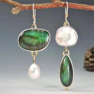 Pendientes de Oro Blanco E4967 con Forma de Gota de Agua, Engaste de Bisel, Piedra Natural, Imitación de Perla, Joyería Bohemia para Mujer - Product Image 3