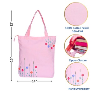 Best Selling Blush Bloom Embroidered Tote Bag Cotton Canvas Floral Design Stylish Reusable Shopping Bag Available For Sale - Product Image 3