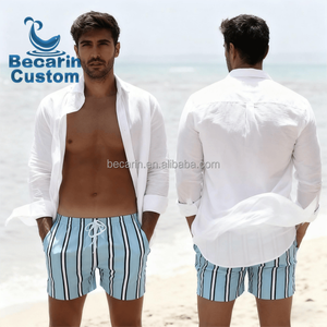 Nouveaux shorts <span class=keywords><strong>de</strong></span> <span class=keywords><strong>bain</strong></span> rayés bleus et blancs pour hommes 2025, séchage rapide, avec cordon <span class=keywords><strong>de</strong></span> serrage, coupe ample, pour les vacances, livraison transfrontalière - Product Image 3