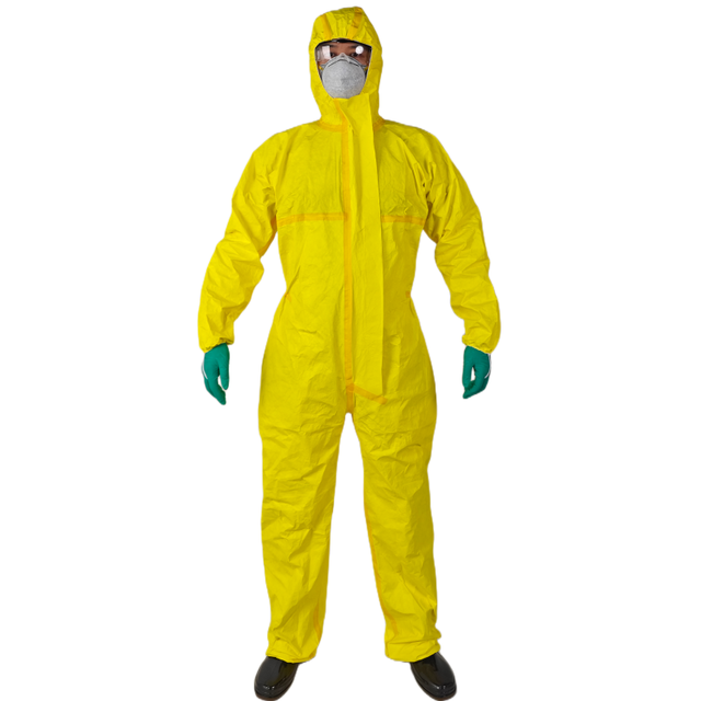 Disposable PP and PE Coated Chemical Resistant Industrial Coverall Yellow Chemical Protective Coverall PPE Hazmat Chemical Suit