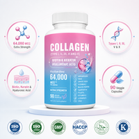 Marca Privada OEM, Complejo Multicolágeno I II III V X, Biotina, Queratina, 64000MCG, Ácido Hialurónico, Venta al por Mayor, 90 Cápsulas Vegetales