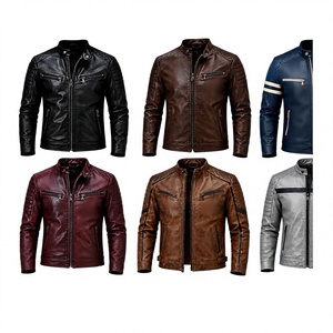 Men's Genuine <b>Leather</b> Moto Biker <b>Jacket</b> Stand Collar Zipper Closure Slim Fit Autumn Solid Color Regular Length - Product Image 3