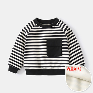 2024 collezione di abbigliamento per bambini autunno inverno Pullover in velluto a righe bianche nere con tasca a patta pantaloni Casual per bambini - Product Image 1