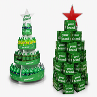 Présentoir en forme de sapin de Noël pour promotion en supermarché, chaîne de magasins, marque alimentaire, merchandising saisonnier, présentoir de sol