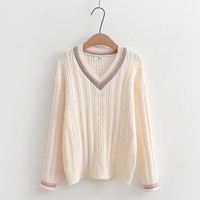Logo personnalisé Preppy Style col en V femmes pull Campus couleur assortie torsion corde câble tricoté pull chemise de fond