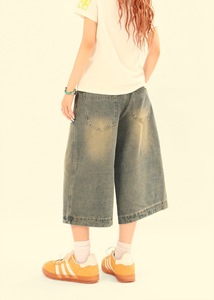 Wholesale <strong>Custom</strong> Denim Shorts Acid Washed Vintage Color Customizable <strong>Labels</strong> Zipper Fly Pants Splice Sun Faded <strong>Jeans</strong> for Women - Product Image 4